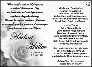 Traueranzeige von Herbert Müller von Südthüringer Presse