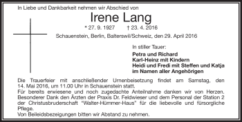 Traueranzeige von Irene Lang von Frankenpost