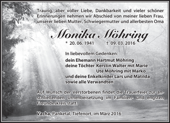 Traueranzeige von Monika Möhring von Südthüringer Presse