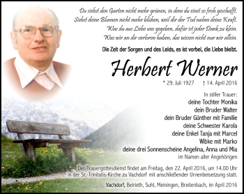 Traueranzeige von Herbert Werner von Südthüringer Presse