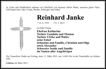 Traueranzeige von Reinhard Janke von Südthüringer Presse