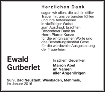 Traueranzeige von Ewald Gutberlet von Südthüringer Presse