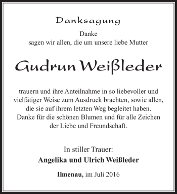 Traueranzeige von Gudrun Weißleder von Südthüringer Presse