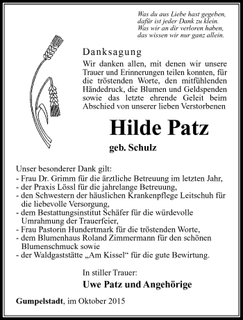Traueranzeige von Hilde Patz von Südthüringer Presse