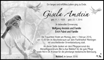 Traueranzeige von Gisela Amstein von Südthüringer Presse