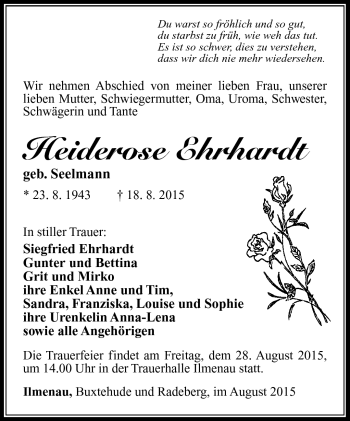 Traueranzeige von Heiderose Ehrhardt von Südthüringer Presse