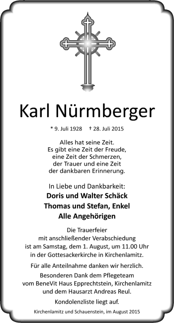 Traueranzeige von Karl Nürmberger von Frankenpost