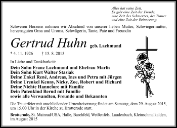 Traueranzeige von Gertrud Huhn von Südthüringer Presse