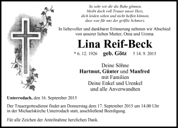 Traueranzeige von Lina Reif-Beck von Neue Presse Coburg