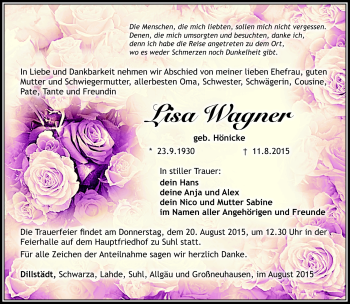 Traueranzeige von lisa Wagner von Südthüringer Presse