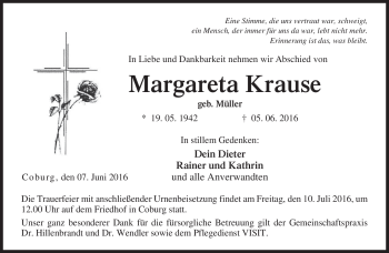 Traueranzeige von Margareta Krause von Neue Presse Coburg