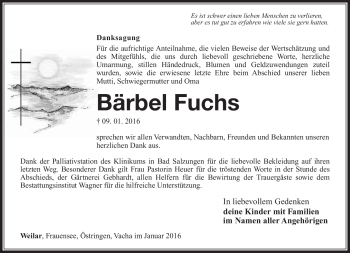 Traueranzeige von Bärbel Fuchs von Südthüringer Presse