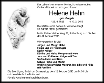 Traueranzeige von Helene Hehn von Frankenpost
