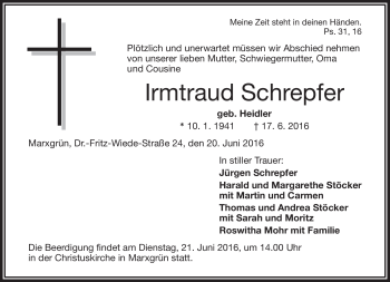 Traueranzeige von Irmtraud Schrepfer von Frankenpost