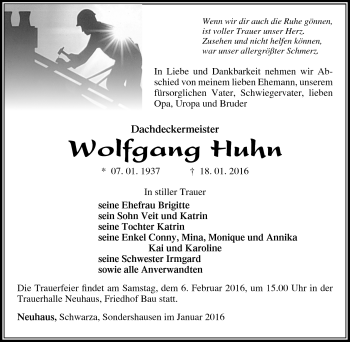 Traueranzeige von Wolfgang Huhn von Südthüringer Presse
