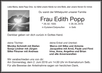 Traueranzeige von Edith Popp von Frankenpost