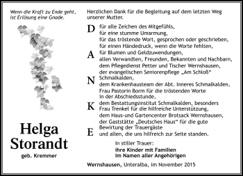 Traueranzeige von helga Storandt von Südthüringer Presse