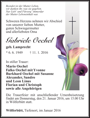 Traueranzeige von Gabriele Oechel von Südthüringer Presse