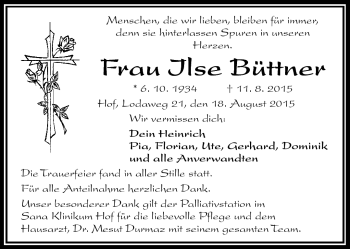 Traueranzeige von Ilse Büttner von Frankenpost