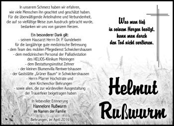 Traueranzeige von Helmut Rußwurm von Südthüringer Presse