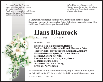 Traueranzeige von Hans Blaurock von Südthüringer Presse