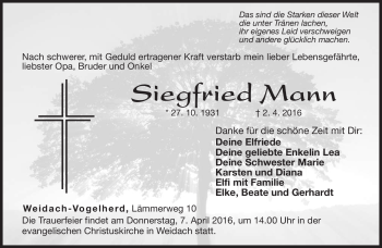 Traueranzeige von Siegfried Mann von Neue Presse Coburg