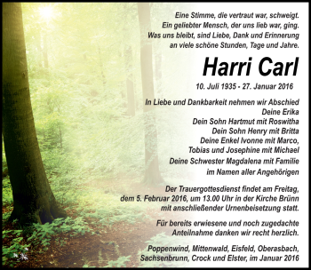 Traueranzeige von Harri Carl von Südthüringer Presse