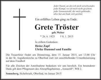 Traueranzeige von Grete Tröster von 80025