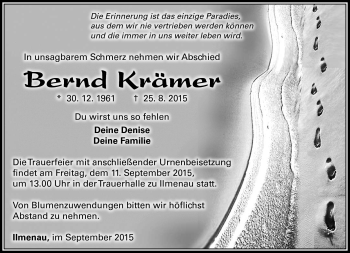 Traueranzeige von Bernd Krämer von Südthüringer Presse