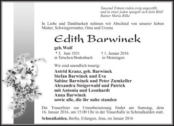 Traueranzeige von Edith Barwinek von Südthüringer Presse