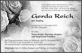 Traueranzeige von Gerda Reich von Südthüringer Presse