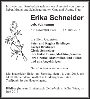 Traueranzeige von Erika Schneider von Südthüringer Presse