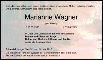 Traueranzeige von Marianne Wagner von Neue Presse Coburg