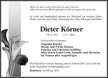 Traueranzeige von Dieter Körner von Südthüringer Presse