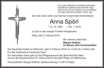Traueranzeige von Anna Spörl von Frankenpost
