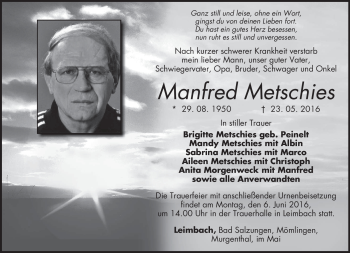 Traueranzeige von Menfred Metschies von Südthüringer Presse