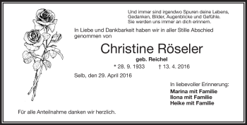 Traueranzeige von Christine Röseler von Frankenpost