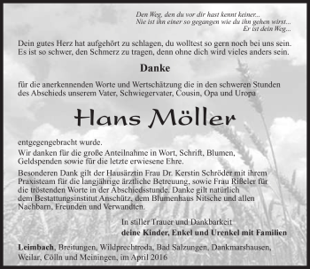 Traueranzeige von Hans Möller von Südthüringer Presse