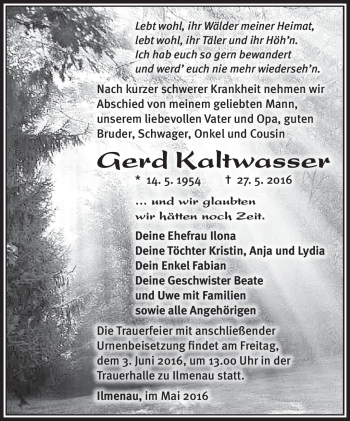 Traueranzeige von Gerd Kaltwasser von Südthüringer Presse
