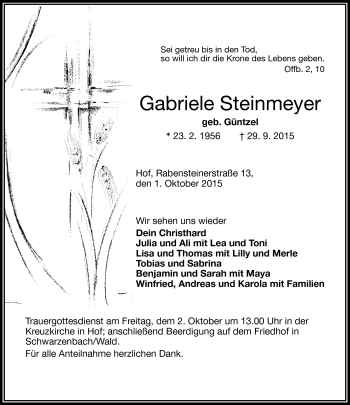 Traueranzeige von Gabriele Steinmeyer von Frankenpost