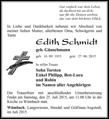 Traueranzeige von Edith Schmidt von Südthüringer Presse
