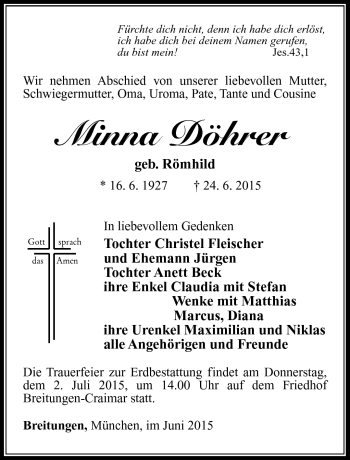 Traueranzeige von Minna Döhrer von Südthüringer Presse