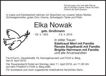 Traueranzeige von Elka Nowak von Neue Presse Coburg