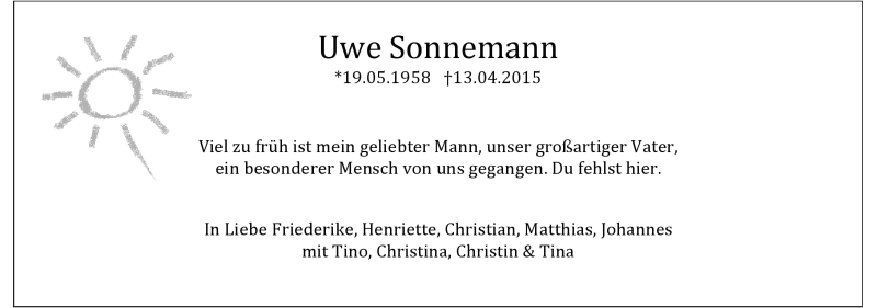  Traueranzeige für Uwe Sonnemann vom 15.04.2015 aus Frankenpost