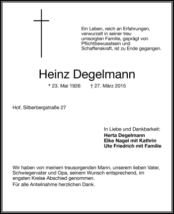Traueranzeige von Heinz Degelmann von Frankenpost