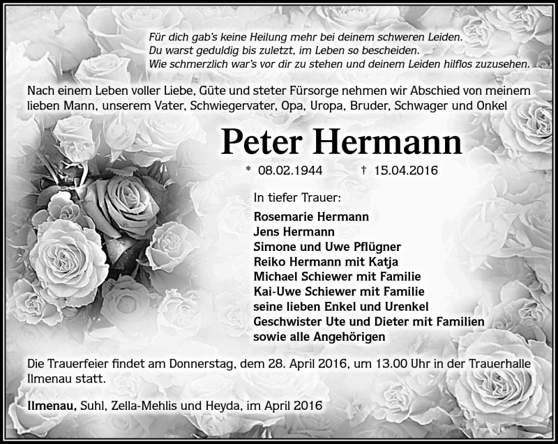  Traueranzeige für Peter Hermann vom 23.04.2016 aus Südthüringer Presse