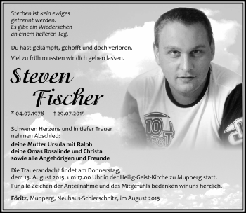 Traueranzeige von Steven Fischer von Südthüringer Presse