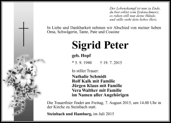 Traueranzeige von Sigrid Peter von Südthüringer Presse