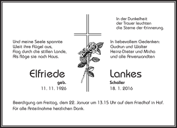 Traueranzeige von Elfriede Lankes von Frankenpost