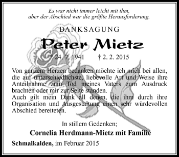 Traueranzeige von Peter Mietz von Südthüringer Presse
